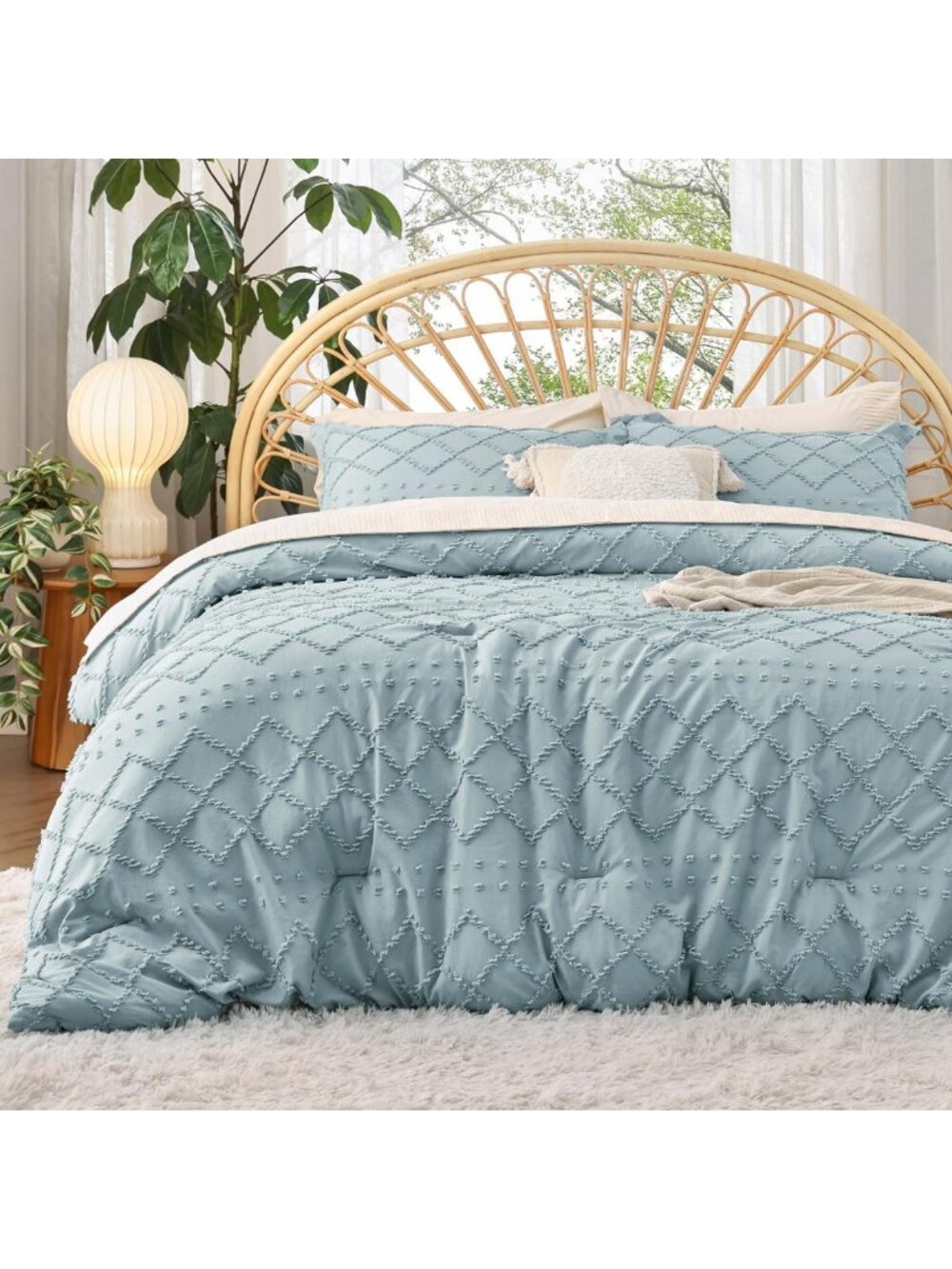 Boho Tufted Dusty Blue Comforter Set - Farmhouse Twin Bedding for Cozy Decor
